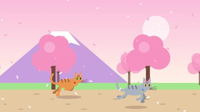 Two adorable cats playing in a beautiful Japanese landscape with cherry blossom trees and Mount Fuji in the background, under a soft pink sky with a full moon.