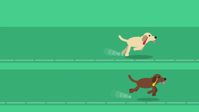 Two animated dogs running on a green background with horizontal lines, showcasing a playful race or exercise.