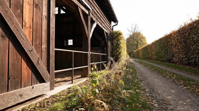 Old timber barn with open side bays and sturdy diagonal braces beside a narrow leaf strewn country lane, where a tall autumn hedge catches the low golden sunshine and recedes toward distant trees