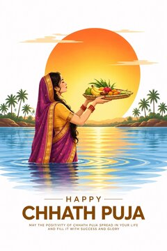 Indian woman performing chhath puja ritual standing in holy river at sunset with offering
