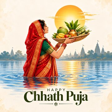 Devotee woman holding prayer offering basket in river during sunrise with festival
