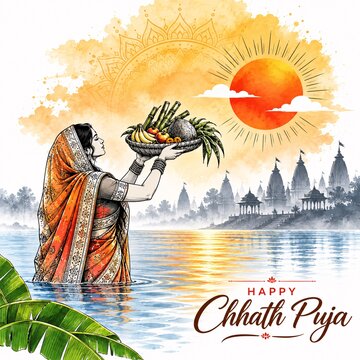 Watercolor illustration of woman praying at riverbank for chhath puja with festival