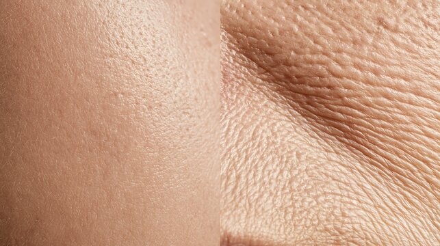 Comparative close up of smoother skin and older wrinkled skin texture. Visual concept of aging, hydration and skin stress for cosmetic products, dermatology and beauty marketing