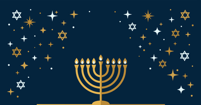 A festive hanukkah menorah illustration featuring a golden ninebranched candelabra with glowing candles against a dark blue starry night background
