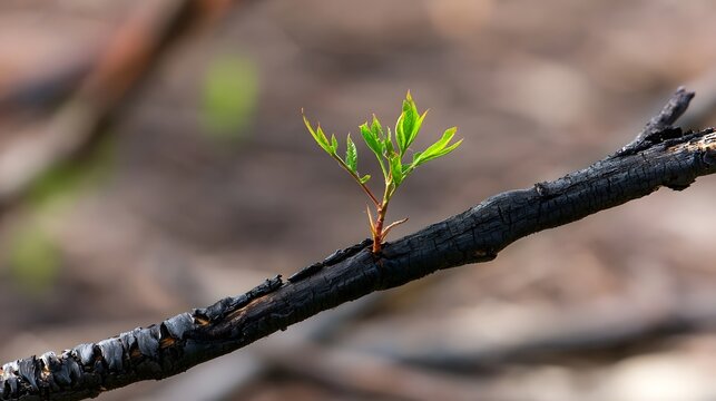 A resilient green shoot emerges from a charred tree branch  symbolizing renewal after fire damage in a natural setting