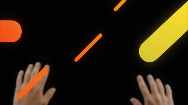 黒を基調とした空間にオレンジのUIボタンが鮮烈に映え操作する手がリアルな臨場感を与える生成AIテクノロジーの創造性を描いたシーン