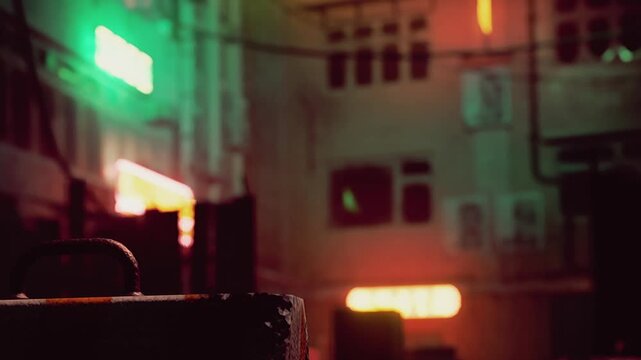 In a lively urban alley after dark, neon signs glow brightly, casting colorful reflections. The atmosphere buzzes with energy as people pass through, enjoying the nightlife and sounds.