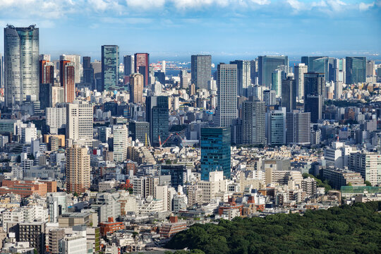 青空と白い雲の下に広がる東京の高層ビル群と都市風景