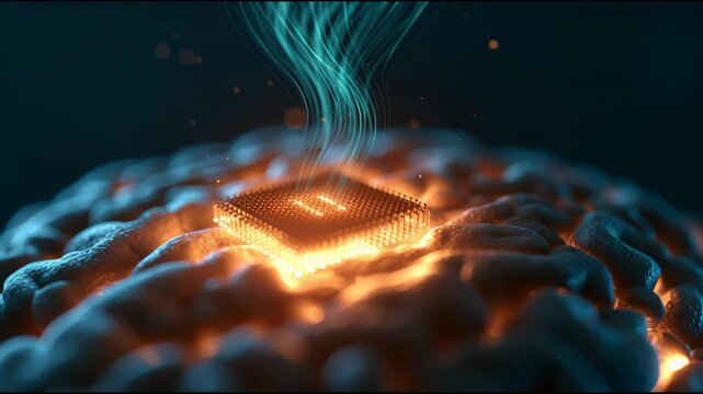 A glowing microchip rests among rounded forms as streams of light rise above it in a digital technology display.