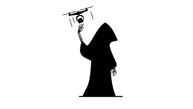 Death holds a drone in its hand, black isolated silhouette