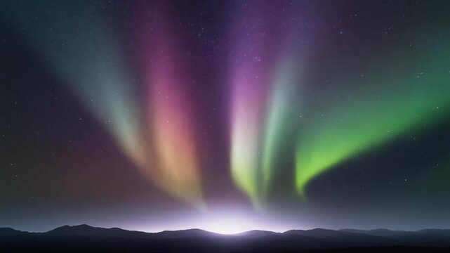 頭上に迫る多色のオーロラ光線と地平線の微光が宇宙の深遠さと異次元のような圧倒的静寂を醸し出すシネマティック映像美