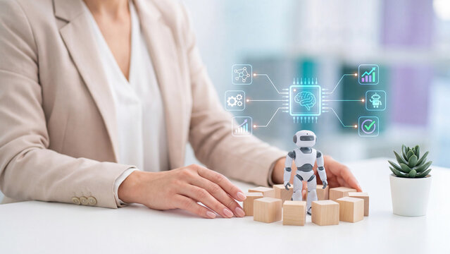 AI business strategy concept, businesswoman with small robot and wooden cubes, AI brain chip hologram connected to network, gears, growth charts and robot icons for business automation