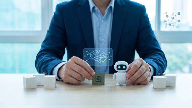 AI technology and business automation concept, businessman holding processor chip and small robot with AI brain hologram and check mark, AI adoption and digital transformation strategy