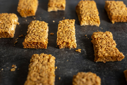 Flapjack bars with Golden Syrup and oat flakes on tray