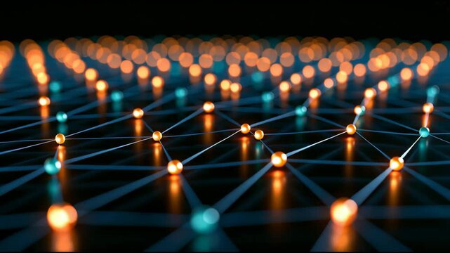 Orange and blue lights glow along connected lines on a dark surface, forming a network display as the camera moves across it.