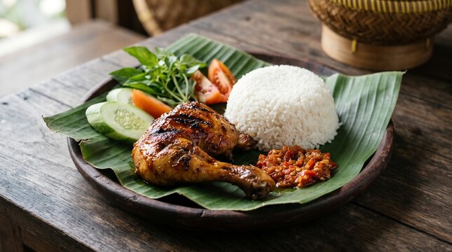 Traditional Indonesian grilled chicken served with steamed rice and fresh vegetables on a banana leaf.