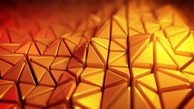 Abstract 3D geometric mosaic of orange triangles with gradient textures and shifting light reflections on a faceted surface