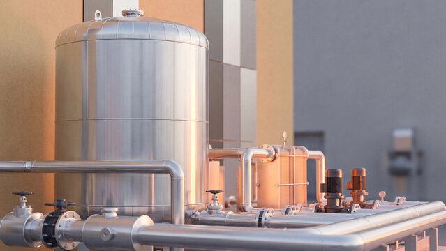 Thermal energy storage tank with heat exchanger, pumps and insulated pipes, stainless steel hot water buffer tank and valves at building for district heating and HVAC heat pump system