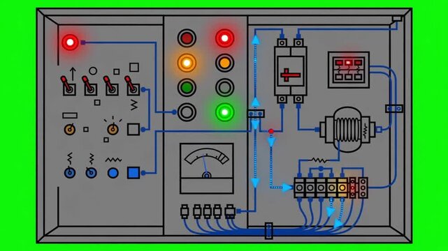 Animated Electrical Control Panel and Industrial Dashboard with Blinking Lights, Switches, and Power Flow Indicators on Green Screen Background for Engineering and Technology Concepts