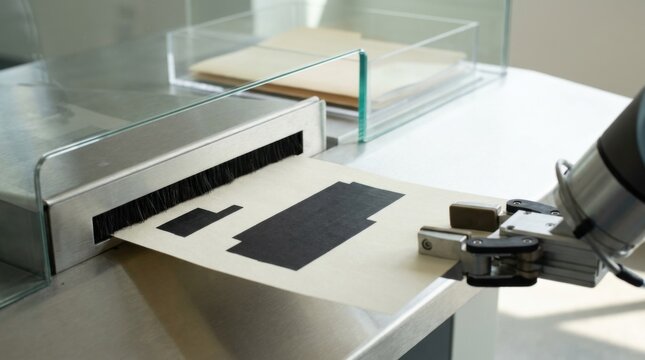 AI sorting robot delivers a redacted document through a privacy output slot with content concealed by charcoal bands, concept of ai security, data privacy and confidential document processing