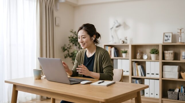 明るいリビングの木目調デスクで身振りを交え和やかに通話する女性、在宅勤務の効率化やリモートワーク成功のアフターシーン
