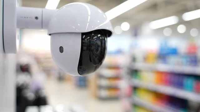 Modern security camera monitoring inside a retail store with glowing blue indicator light. Surveillance equipment recording indoor shopping aisles. Safety system for commercial property protection.
