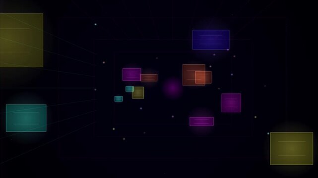 Abstract glowing squares and rectangles float in a dark looping space with subtle grid lines.