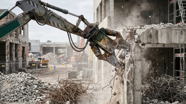 Excavator with hydraulic shear crushing a concrete wall at a building demolition site., highlighting urban renewal, construction, and heavy machinery themes.