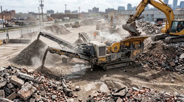 Mobile concrete crusher machine recycling demolition debris at a construction site. Representing concrete recycling, waste processing, and urban redevelopment.
