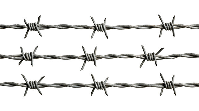 Three horizontal strands of sharp metallic barbed wire with twisted steel spikes