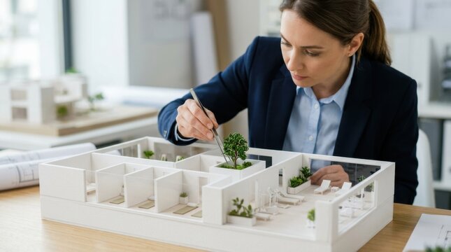 Businesswoman architect using tweezers to place tiny trees in a white office model with wellness and meditation spaces, representing total human health in corporate design and workplace wellbeing