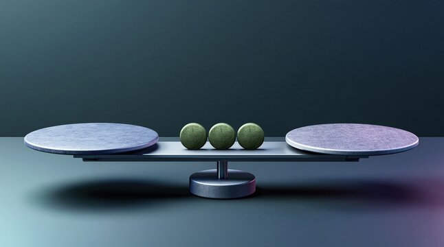 Symmetric metal seesaw balance scale with three green round tablets placed at center on soft gradient dark blue background