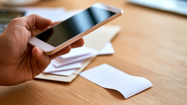 確定申告 白いスマホで領収書を撮影する手元 電子帳簿保存