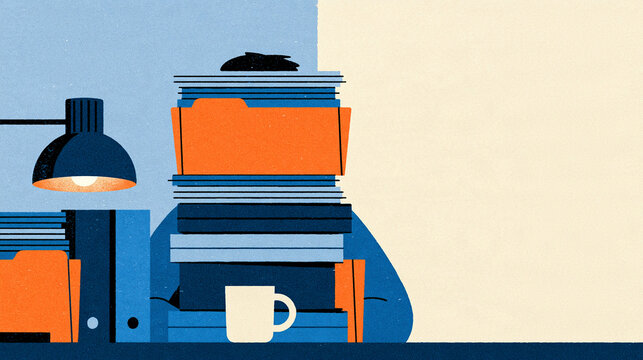 Tax season desk buried under stacks of paperwork with only the top of a head showing