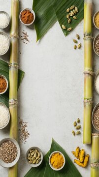 Stalk of Sugarcane With Raw Ingredients Organized for A Traditional Southern Indian Cooking Recipe