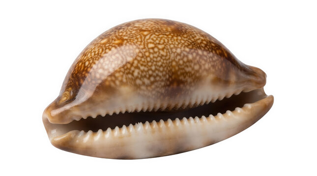 A detailed brown cowrie seashell with smooth glossy texture and intricate natural patterns is isolated on transparent background for commercial design use