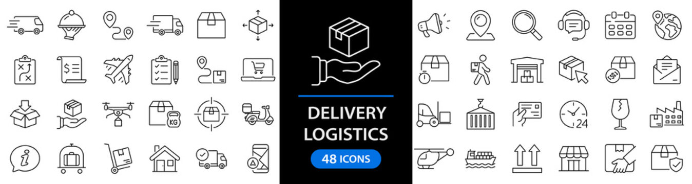 Delivery and Logistic set of web icons in line style. Shipping service icons for web and mobile app. Shipping, logistics, delivery, courier, tracking, refunds and more. Vector illustration