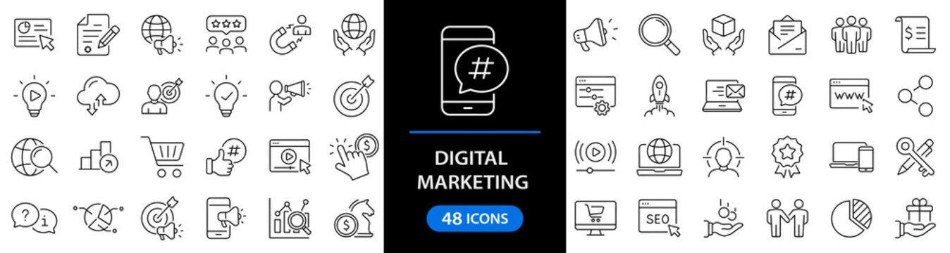 Digital marketing set of web icons in line style. Marketing icons for web and mobile app. Communication, advertising, ecommerce, seo, content, product, target audience, website, social media and more