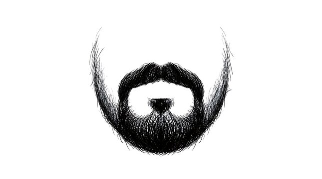 Black ink sketch of a thick groomed beard and mustache isolated on a white background showing detailed hair texture and masculine facial hair style for men