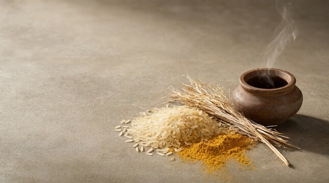 Pongal Celebration Background With Rice Grains Powder Tea Sugarcane Scraps And Earthenware Clay Pot.