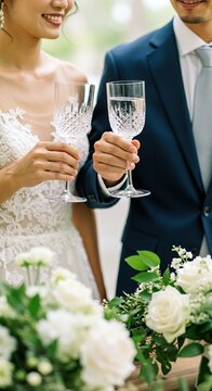 乾杯のグラスを掲げる新郎新婦の手元。披露宴のテーブル装花と祝杯を交わす夫婦。結婚式の祝宴クローズアップ