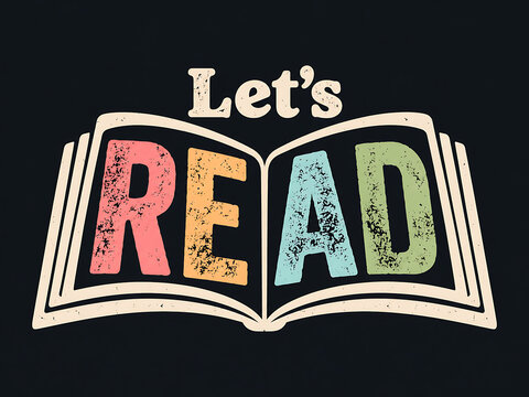 Let's Read book typography design with open book illustration and retro text for library reading lovers and students