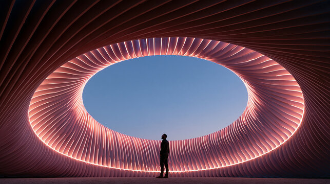 Futuristic Architectural Pavilion with Oculus and Man Silhouette