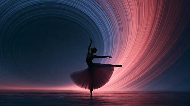 Silhouette of Ballerina Dancing Against Abstract Swirling Light Background