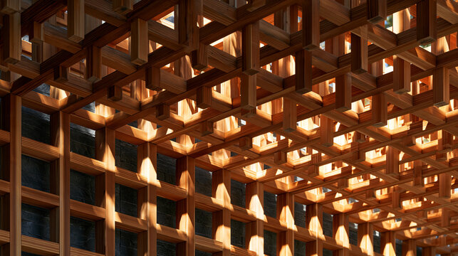 Modern Timber Lattice Architecture with Interlocking Wooden Beams