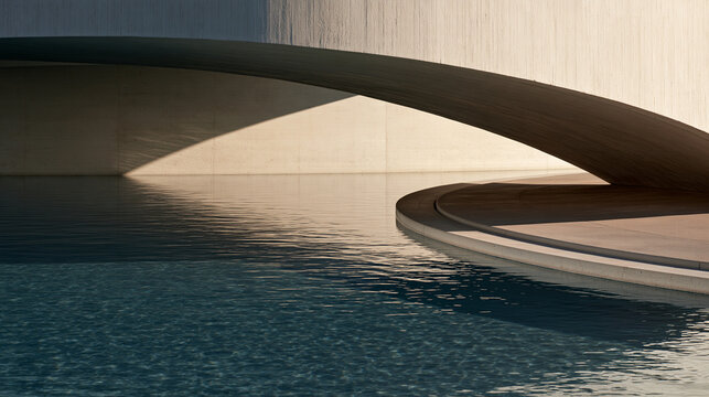 Modern Curved Concrete Architecture with Water Pool Reflection
