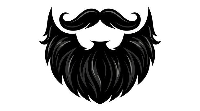 Black beard and mustache illustration featuring thick groomed facial hair isolated on white background for barber shop branding or masculine style graphic design project elements