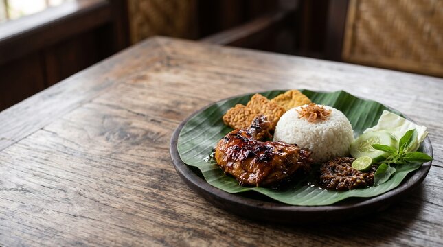 Traditional Indonesian grilled chicken rice dish served on a banana leaf plate.