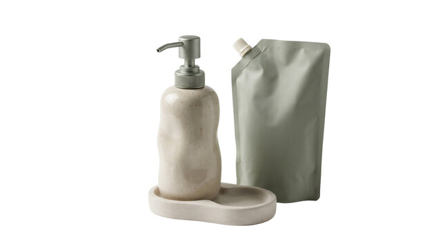 Organic ceramic soap dispenser on beige tray with olive refill pouch, modern bathroom accessories set, eco-friendly liquid soap packaging