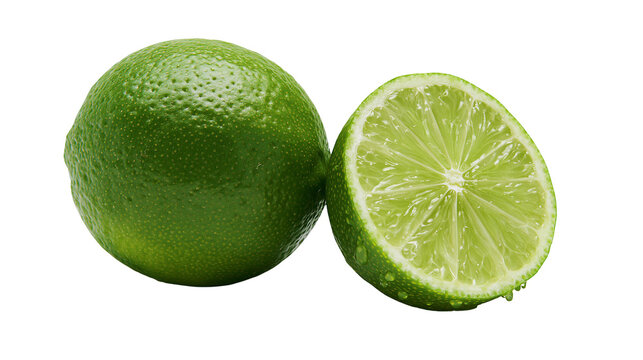 Whole fresh green lime and a juicy half slice with water droplets